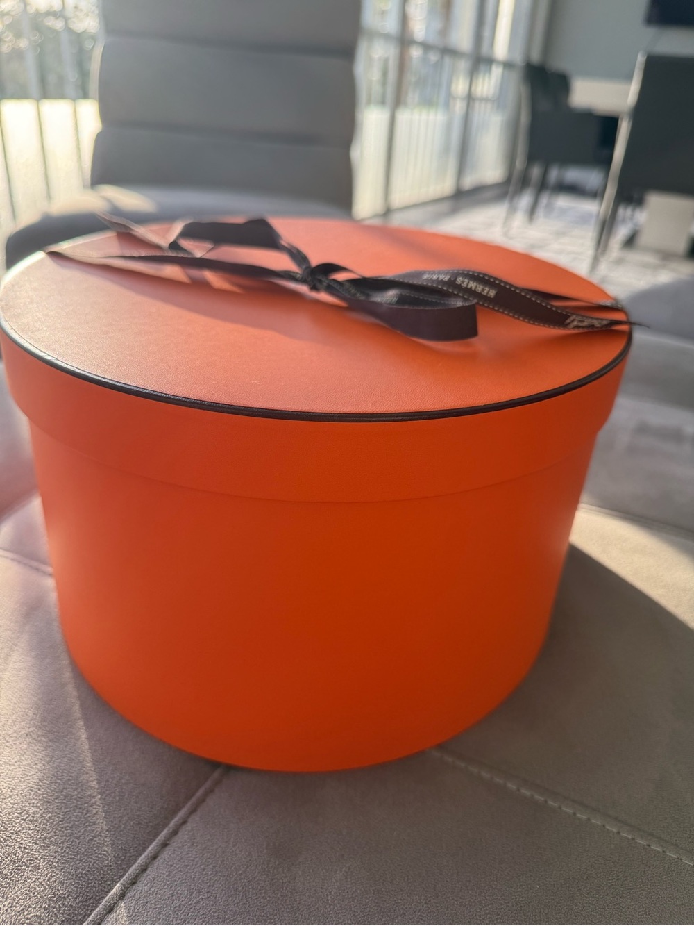 Hermes Round Orange Hat Box with Ribbon